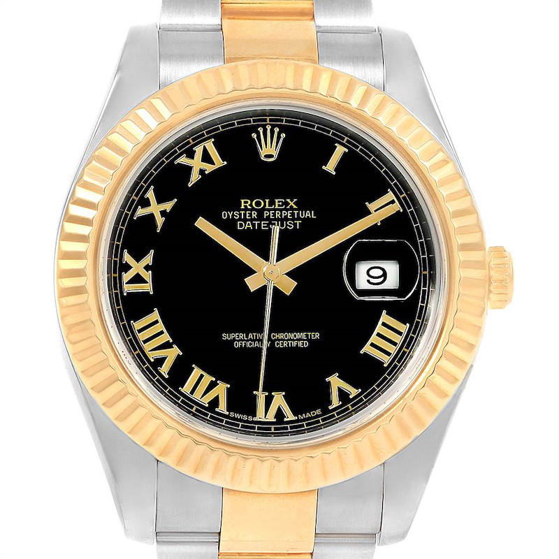 The image shows a top view of a Rolex Datejust 41 watch, highlighting its black dial, Roman numerals, and gold fluted bezel.