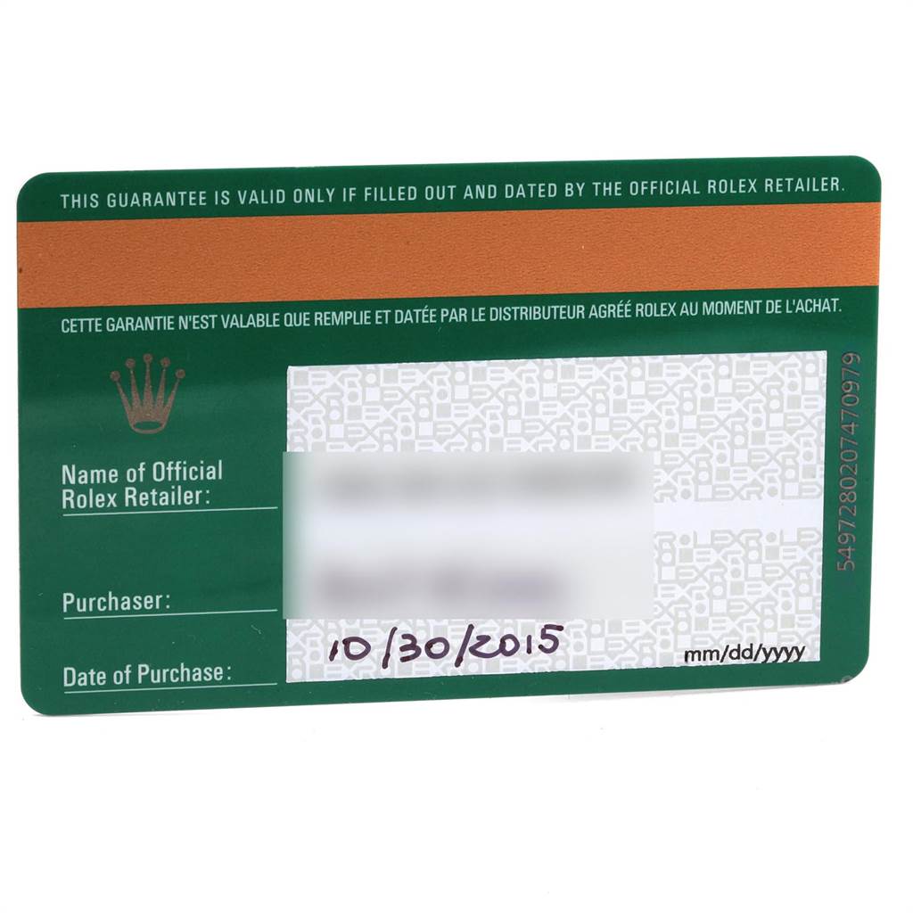 The image shows a warranty card for the Rolex Datejust 41 116333 Men's Steel and Gold (two tone) Black Dial 116333 Men's Steel and Gold (two tone) Black Dial watch, dated 10/30/2015.