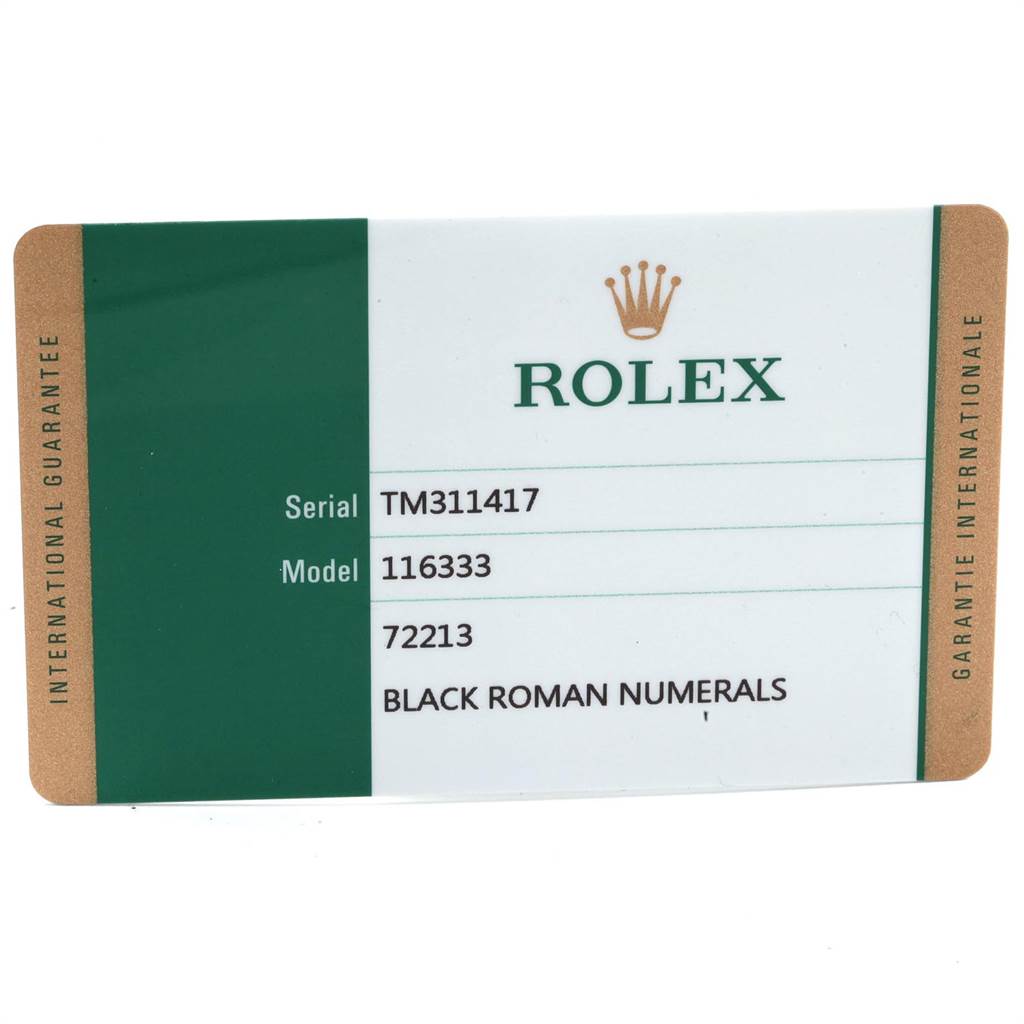 The image shows the international guarantee card for a Rolex Datejust 41 116333 Men's Steel and Gold (two tone) Black Dial 116333 Men's Steel and Gold (two tone) Black Dial model, displaying the serial number, model number, and other details.