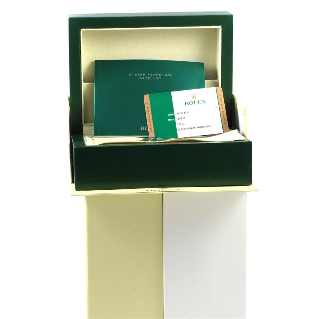 The image shows an open box of a Rolex Datejust 41 116333 Men's Steel and Gold (two tone) Black Dial 116333 Men's Steel and Gold (two tone) Black Dial with warranty card and manuals visible from a front angle.