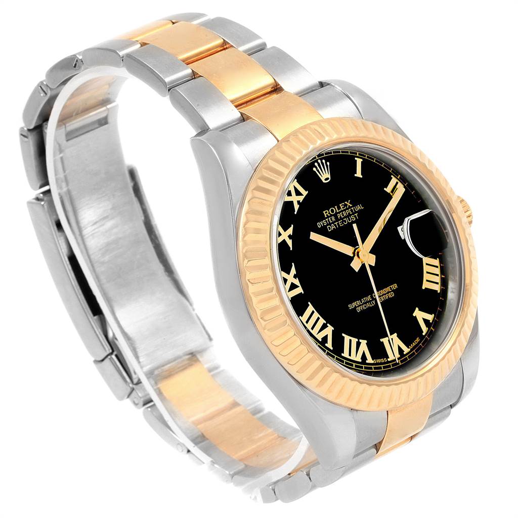 The Rolex Datejust 41 116333 Men's Steel and Gold (two tone) Black Dial 116333 Men's Steel and Gold (two tone) Black Dial watch is shown at a three-quarter angle, highlighting its black dial, gold bezel, and two-tone bracelet.