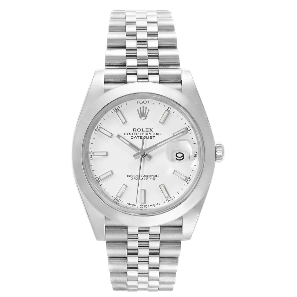This image shows the Rolex Datejust 41 126300 Men's Stainless Steel White Dial 126300 Men's Stainless Steel White Dial model watch from a front angle, displaying its face, bezel, and bracelet.