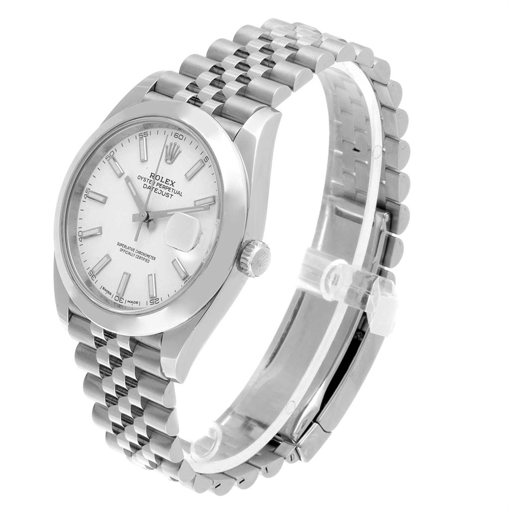 The Rolex Datejust 41 126300 Men's Stainless Steel White Dial 126300 Men's Stainless Steel White Dial watch is shown at a three-quarter angle, highlighting its bracelet, face, and crown.