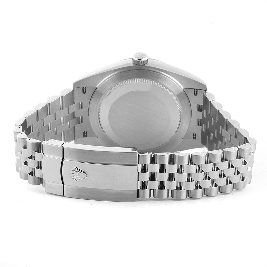 This image shows the back view of the Rolex Datejust 41 126300 Men's Stainless Steel White Dial 126300 Men's Stainless Steel White Dial, focusing on the case back and jubilee bracelet with clasp.