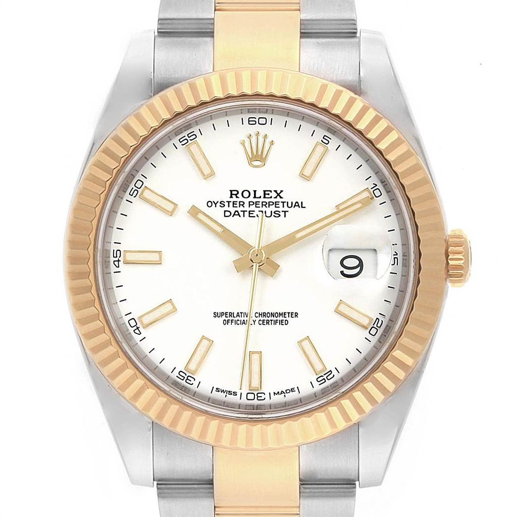 The image shows a front view of a Rolex Datejust 41 126333 Men's Steel and Gold (two tone) White Dial 126333 Men's Steel and Gold (two tone) White Dial, highlighting the face, bezel, and part of the bracelet.