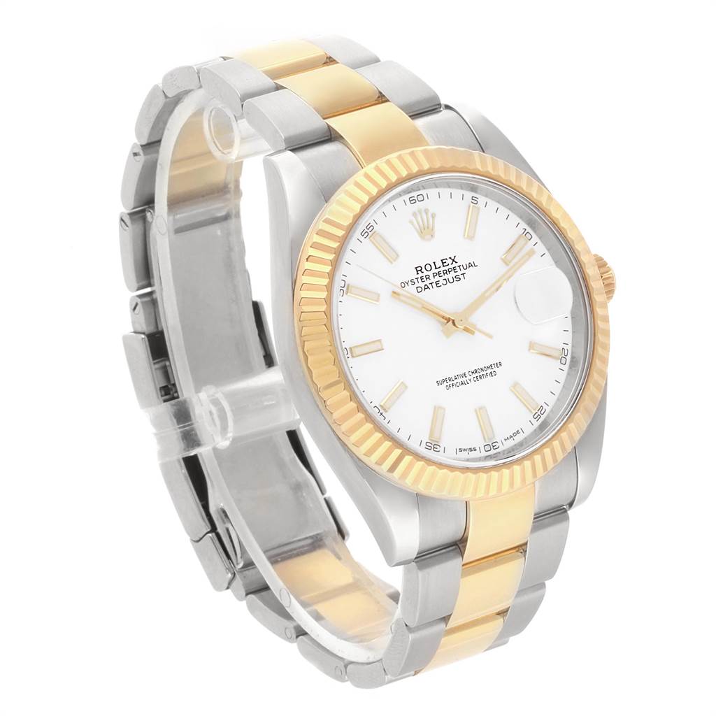 The image shows a Rolex Datejust 41 126333 Men's Steel and Gold (two tone) White Dial 126333 Men's Steel and Gold (two tone) White Dial watch at an angle, highlighting the white dial, gold fluted bezel, and two-tone bracelet.