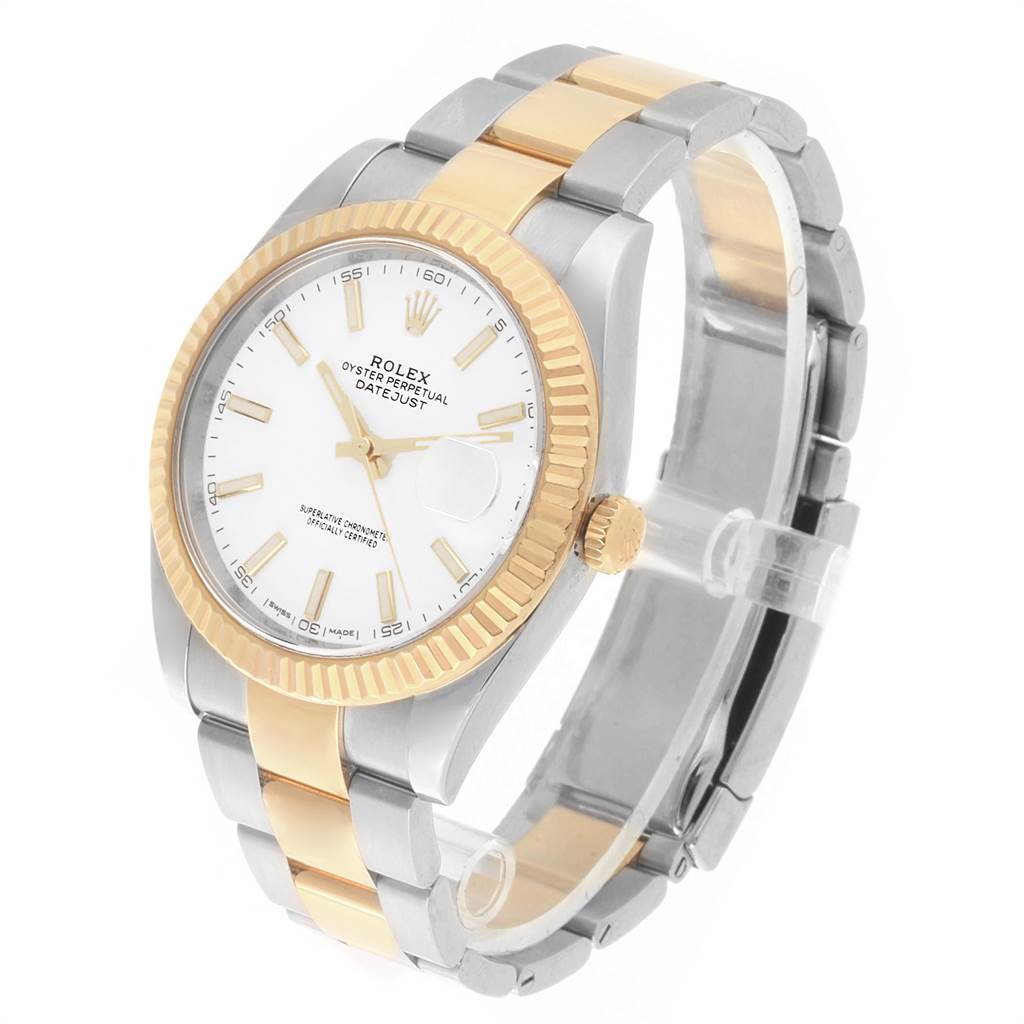 The image shows a Datejust 41 model by Rolex from a side angle, highlighting its gold and silver bracelet and fluted bezel.
