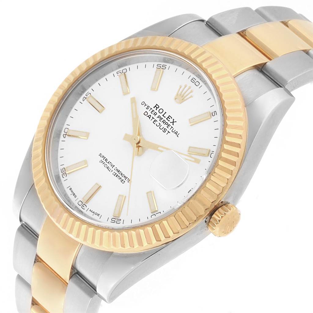 The image displays a Rolex Datejust 41 126333 Men's Steel and Gold (two tone) White Dial 126333 Men's Steel and Gold (two tone) White Dial watch at an angle showing the dial, bezel, crown, and part of the bracelet.