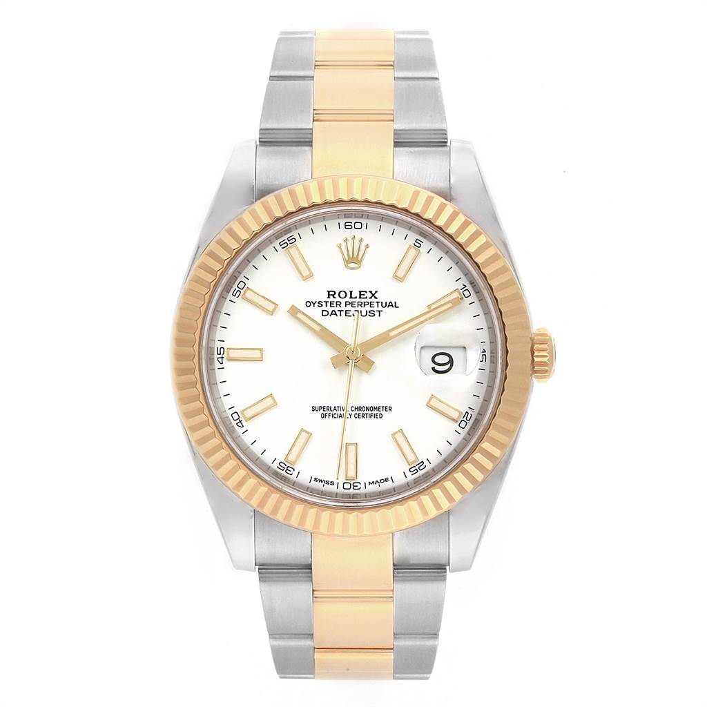 This is a front view of the Rolex Datejust 41 126333 Men's Steel and Gold (two tone) White Dial 126333 Men's Steel and Gold (two tone) White Dial, showing its dial, fluted bezel, and two-tone bracelet.