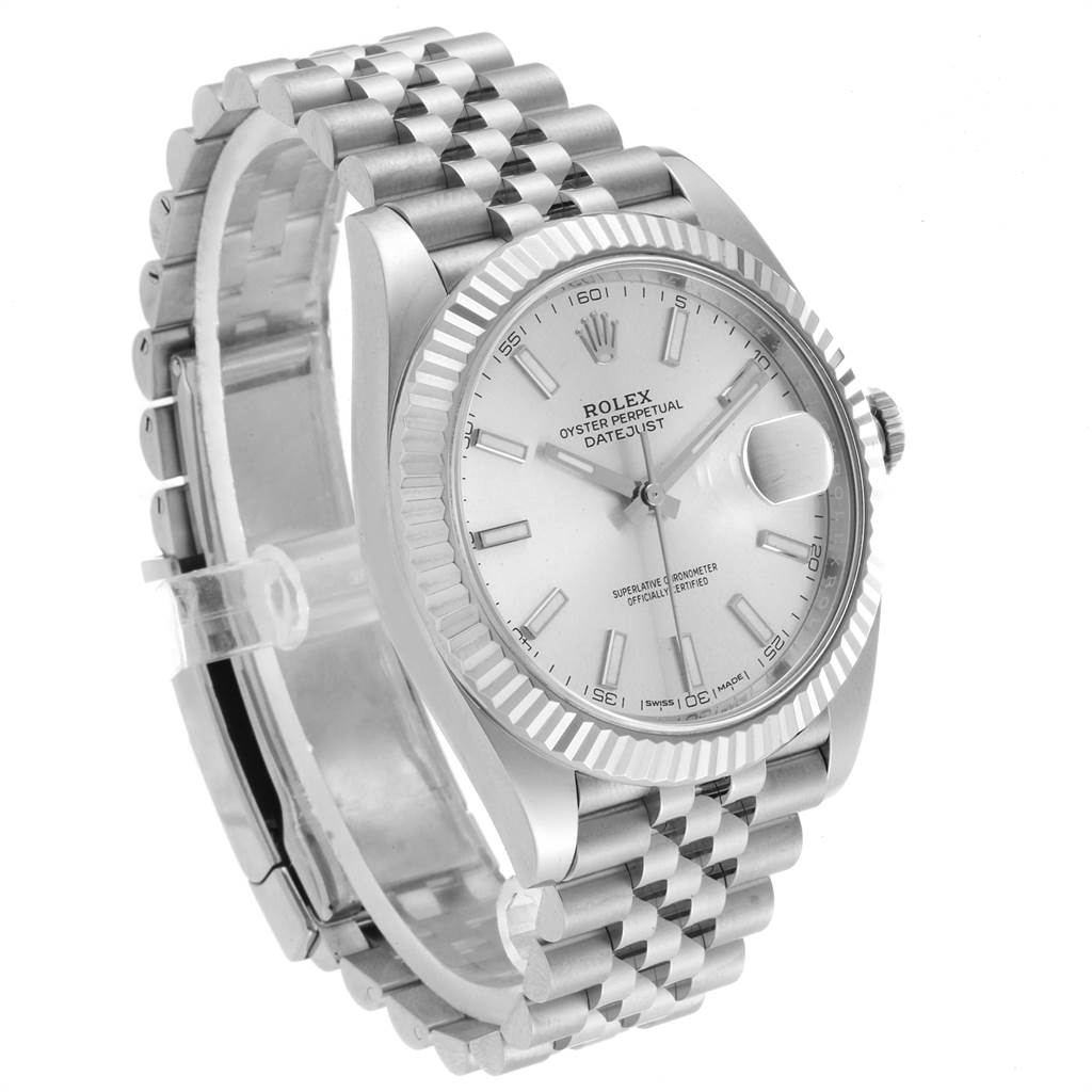 This image shows the Rolex Datejust 41 126334 Men
s Stainless Steel Silver Dial 126334 Men
s Stainless Steel Silver Dial watch at an angled view, displaying its face, bezel, and bracelet.