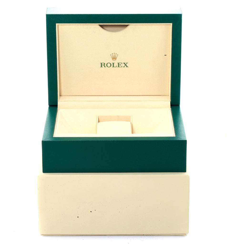The image shows an open green and beige Rolex watch box for the Datejust 41 model, viewed from the front.