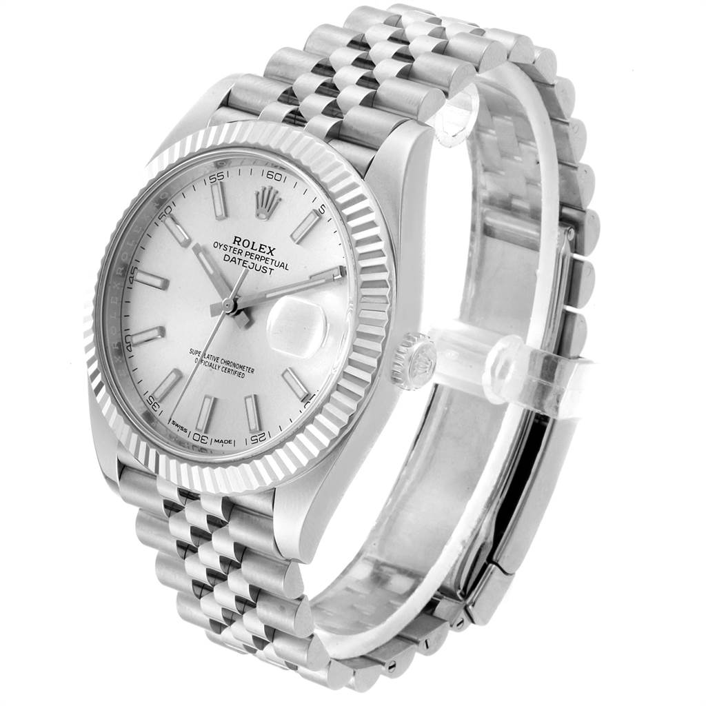 This Rolex Datejust 41 126334 Men
s Stainless Steel Silver Dial 126334 Men
s Stainless Steel Silver Dial model is shown at a slight angle, highlighting the silver dial, fluted bezel, and jubilee bracelet.