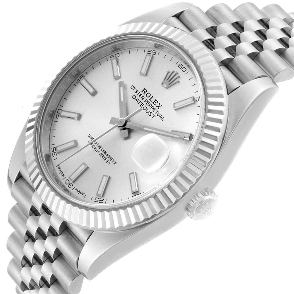 The image shows a Rolex Datejust 41 126334 Men
s Stainless Steel Silver Dial 126334 Men
s Stainless Steel Silver Dial watch at a slight angle, highlighting the face, bezel, crown, and bracelet.