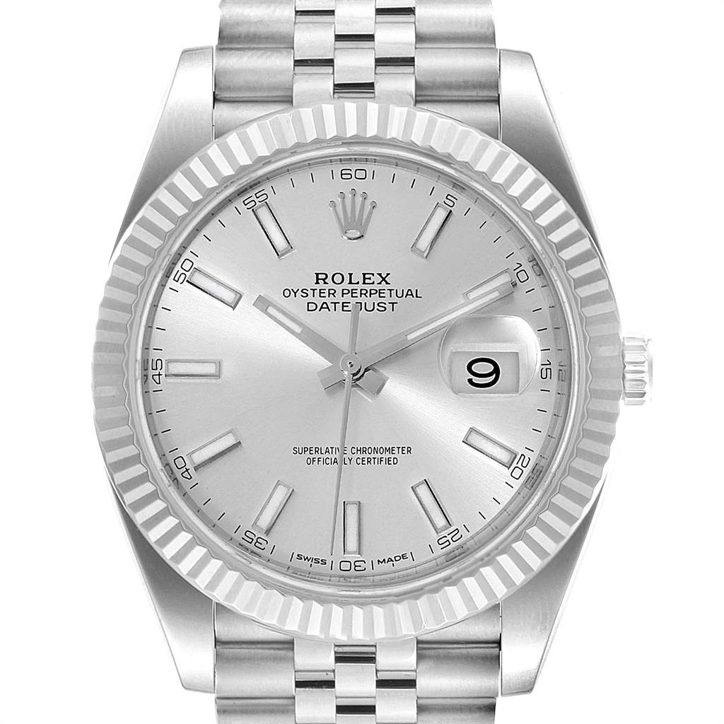 This Rolex Datejust 41 126334 Men
s Stainless Steel Silver Dial 126334 Men
s Stainless Steel Silver Dial watch is shown in a front-facing view, highlighting the dial, bezel, hands, and part of the bracelet.