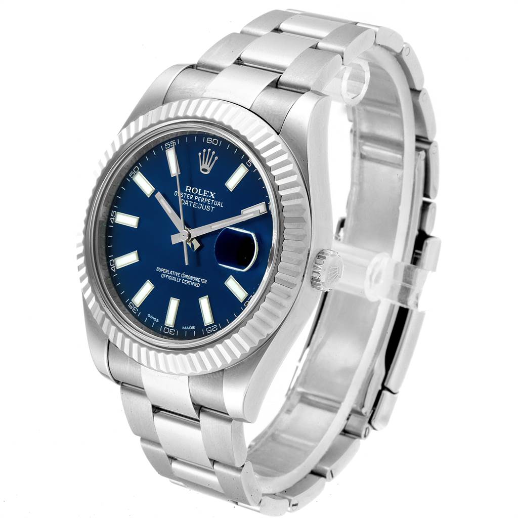 This image shows a front-side view of the Rolex Datejust 41 116334 Men's Stainless Steel Blue Dial 116334 Men's Stainless Steel Blue Dial watch, highlighting its blue dial, fluted bezel, and stainless steel bracelet.