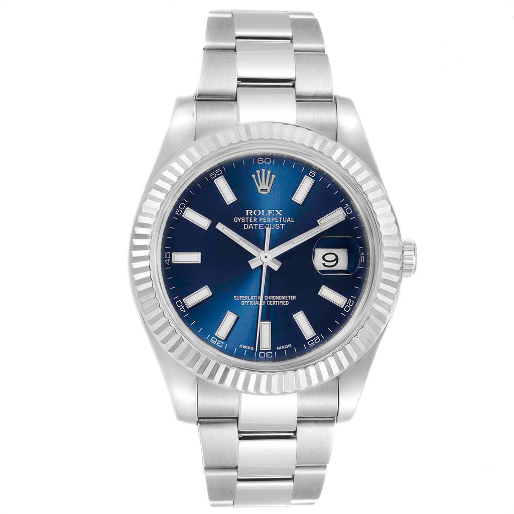 This image shows a front view of the Rolex Datejust 41 116334 Men's Stainless Steel Blue Dial 116334 Men's Stainless Steel Blue Dial, displaying its blue dial, fluted bezel, and Oyster bracelet.