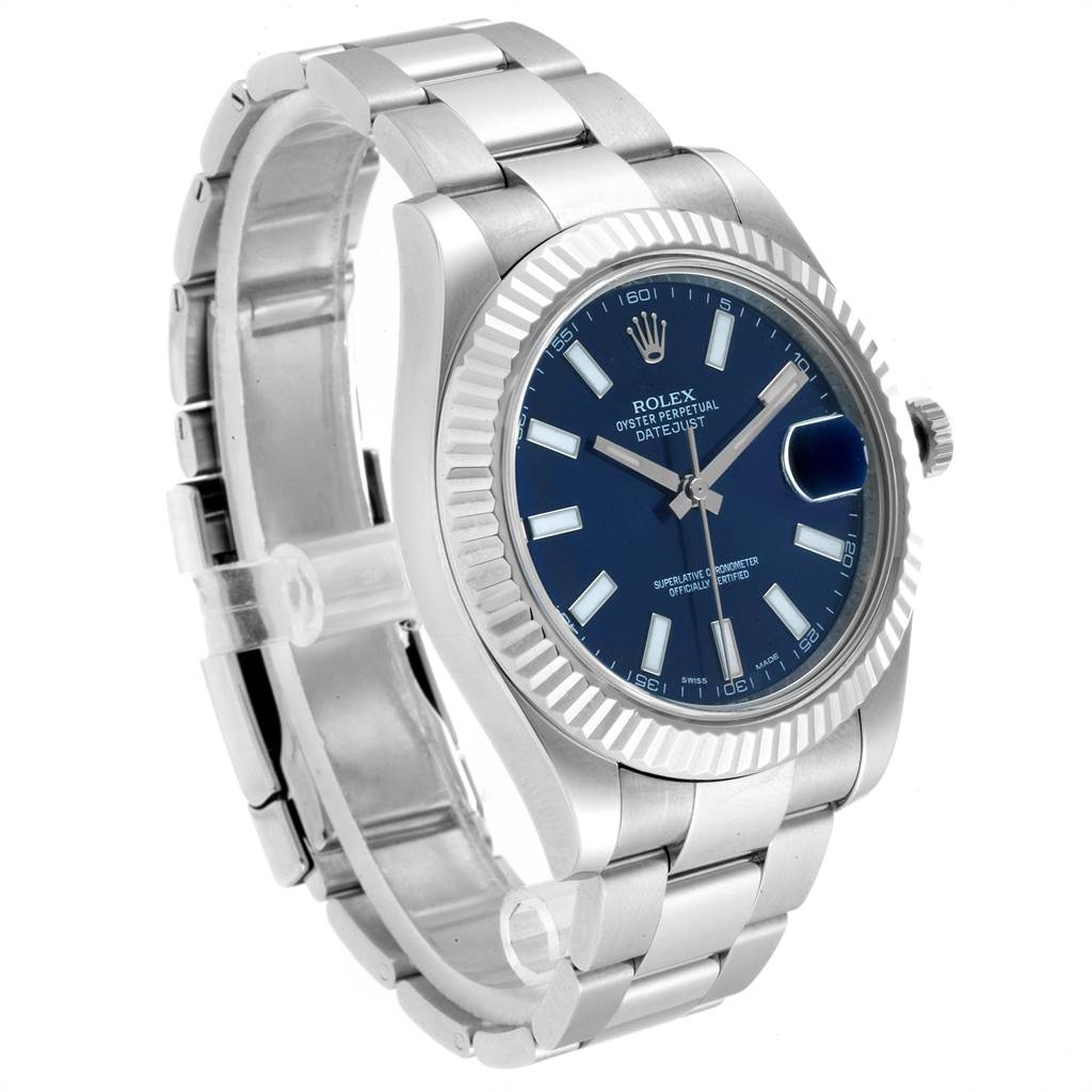 The Rolex Datejust 41 116334 Men's Stainless Steel Blue Dial 116334 Men's Stainless Steel Blue Dial watch is shown at an oblique angle highlighting the blue dial, fluted bezel, and stainless steel bracelet.