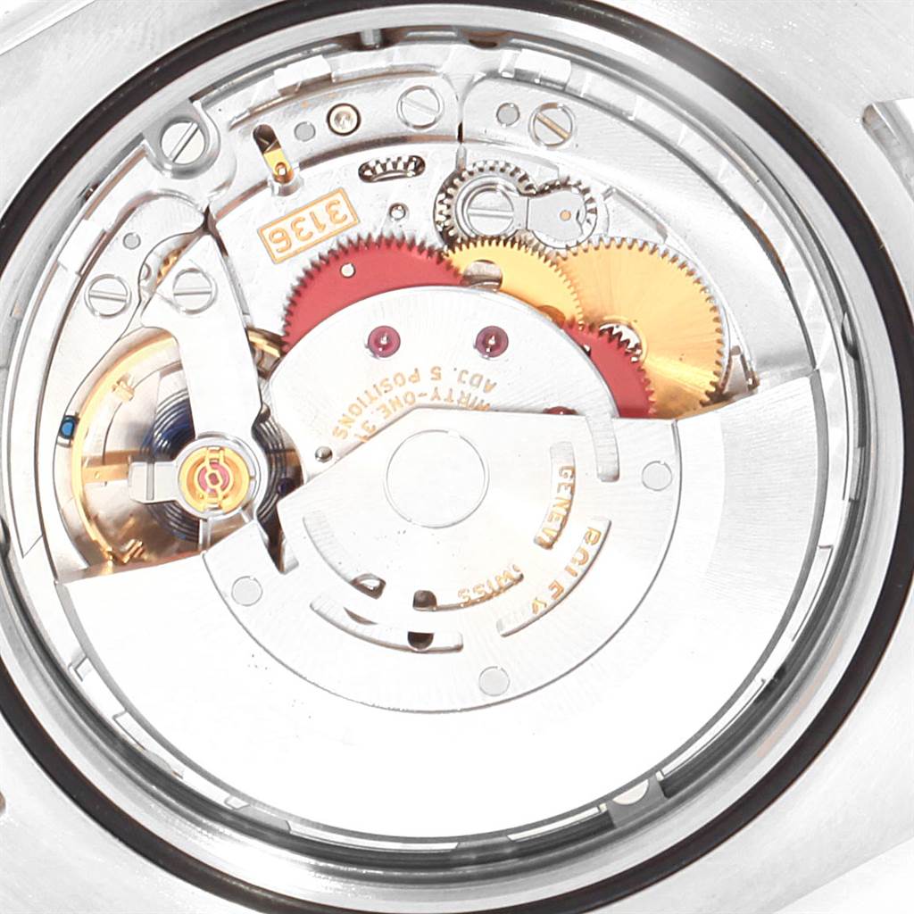 This image shows the internal movement of the Rolex Datejust 41 116334 Men's Stainless Steel Blue Dial 116334 Men's Stainless Steel Blue Dial watch from a back angle, highlighting its intricate machinery.