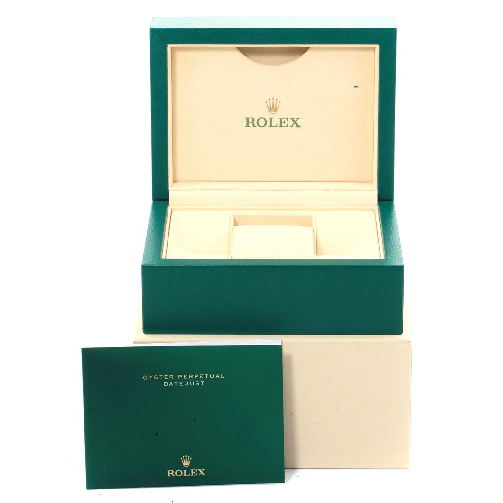 The image shows a Rolex Datejust 41 116334 Men's Stainless Steel Blue Dial 116334 Men's Stainless Steel Blue Dial watch box and manual from a front angle.