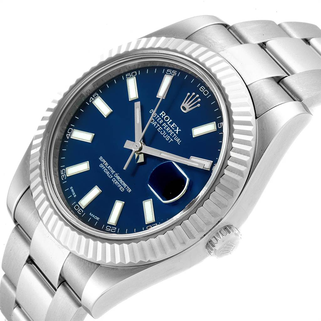 This image shows a Rolex Datejust 41 116334 Men's Stainless Steel Blue Dial 116334 Men's Stainless Steel Blue Dial watch at an angled side view, highlighting the blue dial, fluted bezel, and part of the bracelet.