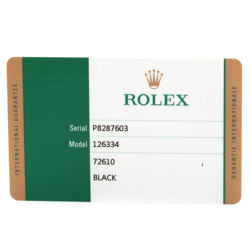 The image shows a Rolex warranty card for the Datejust 41 Model 126334.