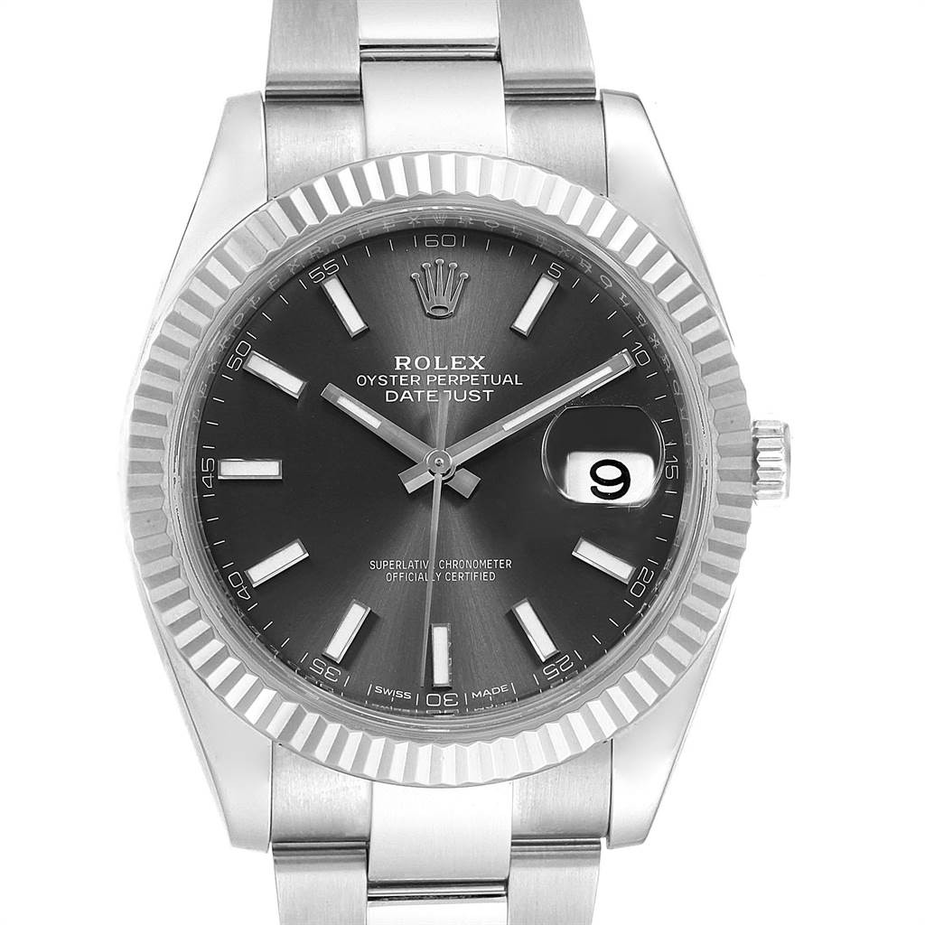 The image shows a Rolex Datejust 41 126334 Men's Stainless Steel Grey Dial 126334 Men's Stainless Steel Grey Dial watch from a front angle, displaying its face, bezel, and part of the bracelet.