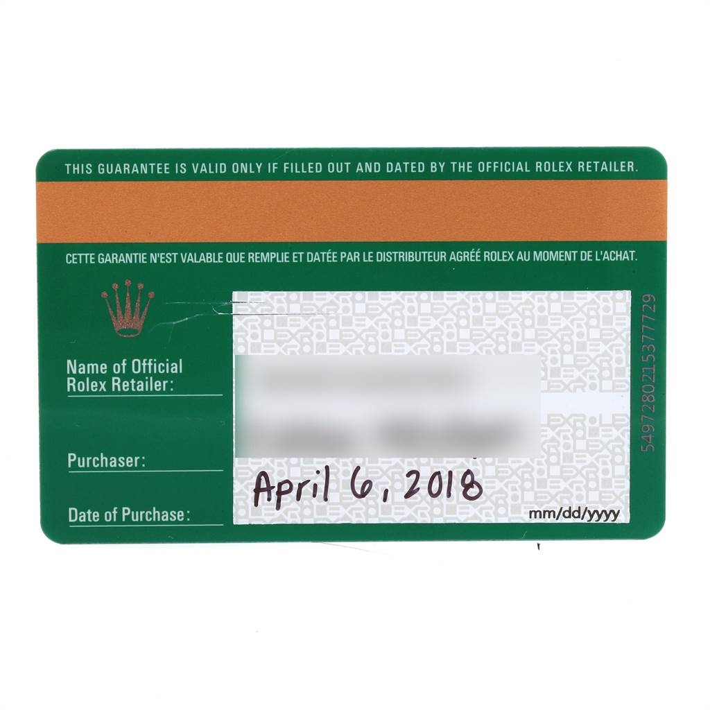 The image shows the guarantee card for a Rolex Datejust 41 126334 Men's Stainless Steel Grey Dial 126334 Men's Stainless Steel Grey Dial model, filled out and dated April 6, 2018.