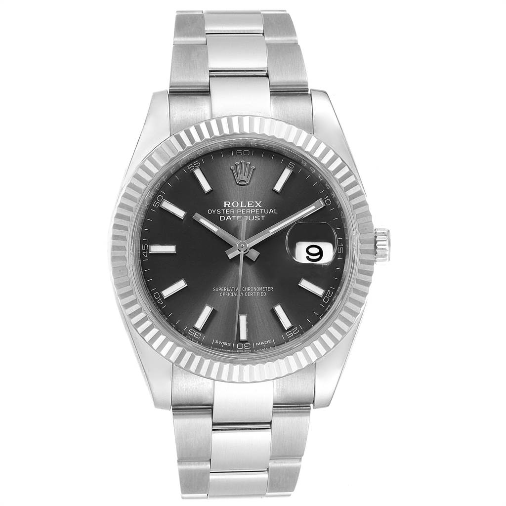 This image shows a frontal view of the Rolex Datejust 41 126334 Men's Stainless Steel Grey Dial 126334 Men's Stainless Steel Grey Dial watch, highlighting the dial, bezel, and bracelet.