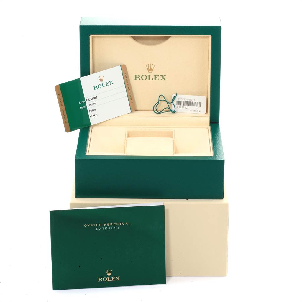 The image shows the open packaging, documents, and warranty card for a Rolex Datejust 41 126334 Men's Stainless Steel Grey Dial 126334 Men's Stainless Steel Grey Dial.