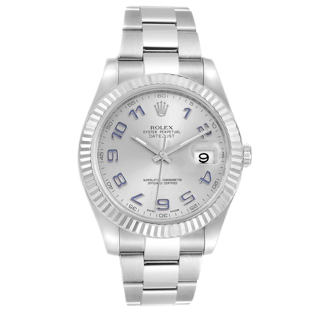 The image shows a frontal view of the Rolex Datejust 41 116334 Men's Stainless Steel Grey Dial 116334 Men's Stainless Steel Grey Dial watch, highlighting its dial, bracelet, bezel, and date window.