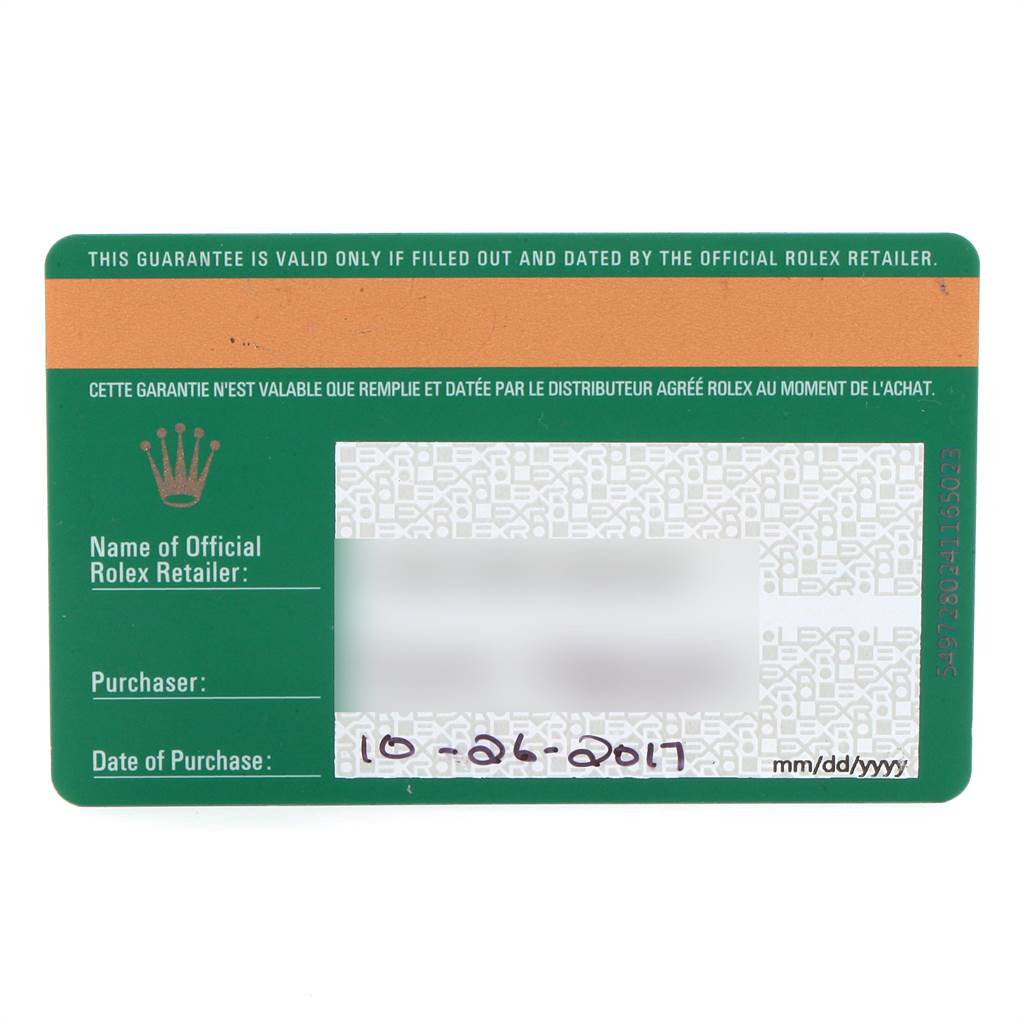 This shows the guarantee card of a Rolex Datejust 41 126300 Men's Stainless Steel Grey Dial 126300 Men's Stainless Steel Grey Dial watch, with purchase details and retailer information.