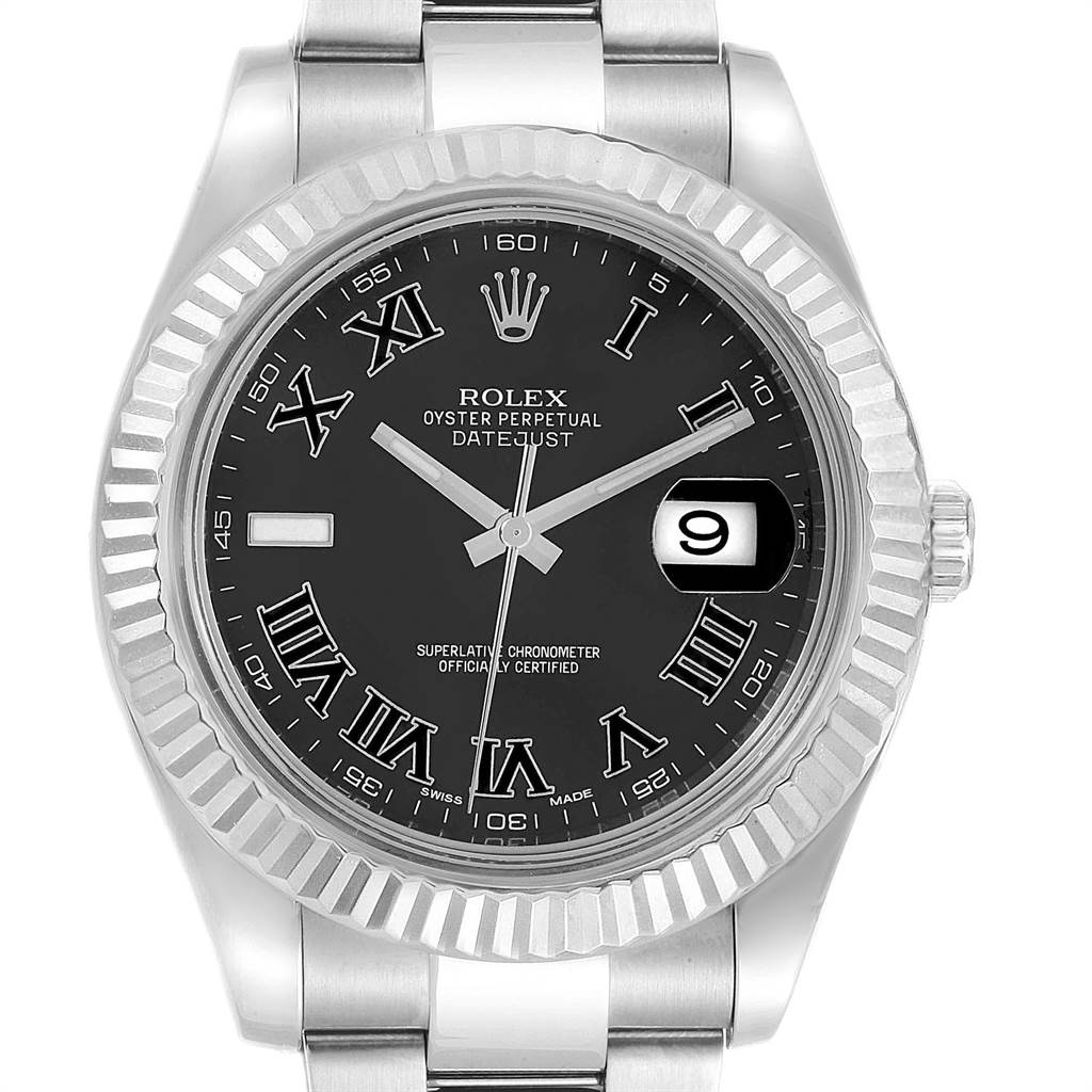 This image shows a front view of the Rolex Datejust 41 116334 Men's Stainless Steel Grey Dial 116334 Men's Stainless Steel Grey Dial, highlighting the black dial, Roman numeral markers, and cyclops date window at 3 o'clock.