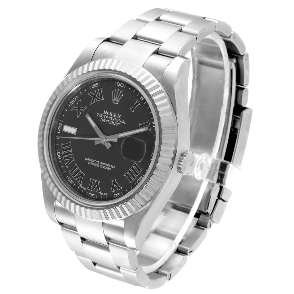 The Rolex Datejust 41 116334 Men's Stainless Steel Grey Dial 116334 Men's Stainless Steel Grey Dial watch is shown at a three-quarter angle, highlighting the dial, bezel, crown, and bracelet.