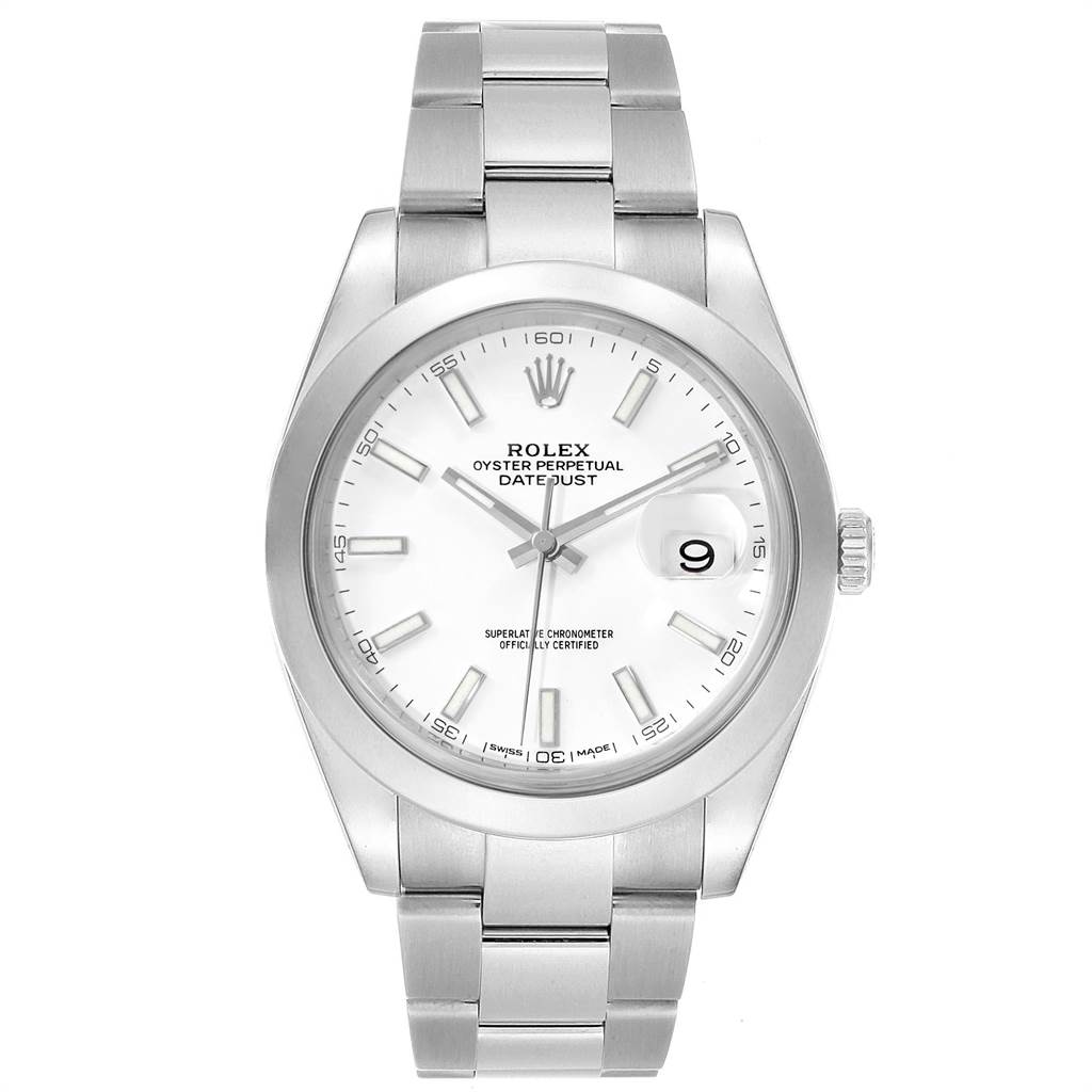 The image shows a front view of a Rolex Datejust 41 126300 Men's Stainless Steel White Dial 126300 Men's Stainless Steel White Dial watch, displaying its face, hour markers, bracelet, and crown.