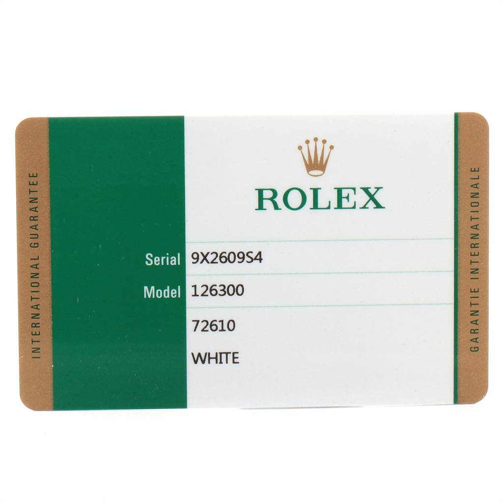 The image shows a warranty card for a Rolex Datejust 41 126300 Men's Stainless Steel White Dial 126300 Men's Stainless Steel White Dial model 126300.