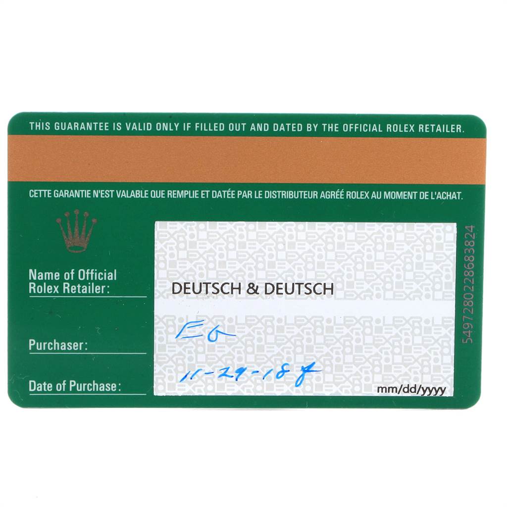 The image shows a warranty card for a Rolex Datejust 41 126300 Men's Stainless Steel White Dial 126300 Men's Stainless Steel White Dial watch, including retailer name, purchaser, and date of purchase fields.