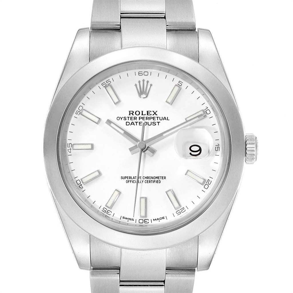 The image shows a Rolex Datejust 41 126300 Men's Stainless Steel White Dial 126300 Men's Stainless Steel White Dial watch from a frontal angle, highlighting the dial, hands, bracelet, and date window.