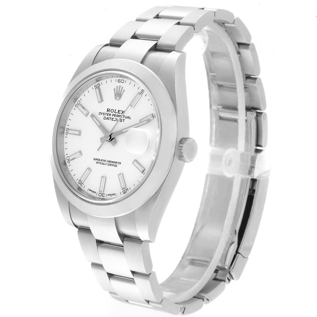 The image shows a Rolex Datejust 41 126300 Men's Stainless Steel White Dial 126300 Men's Stainless Steel White Dial watch from a 3/4 angle, displaying its face, bezel, crown, and bracelet.