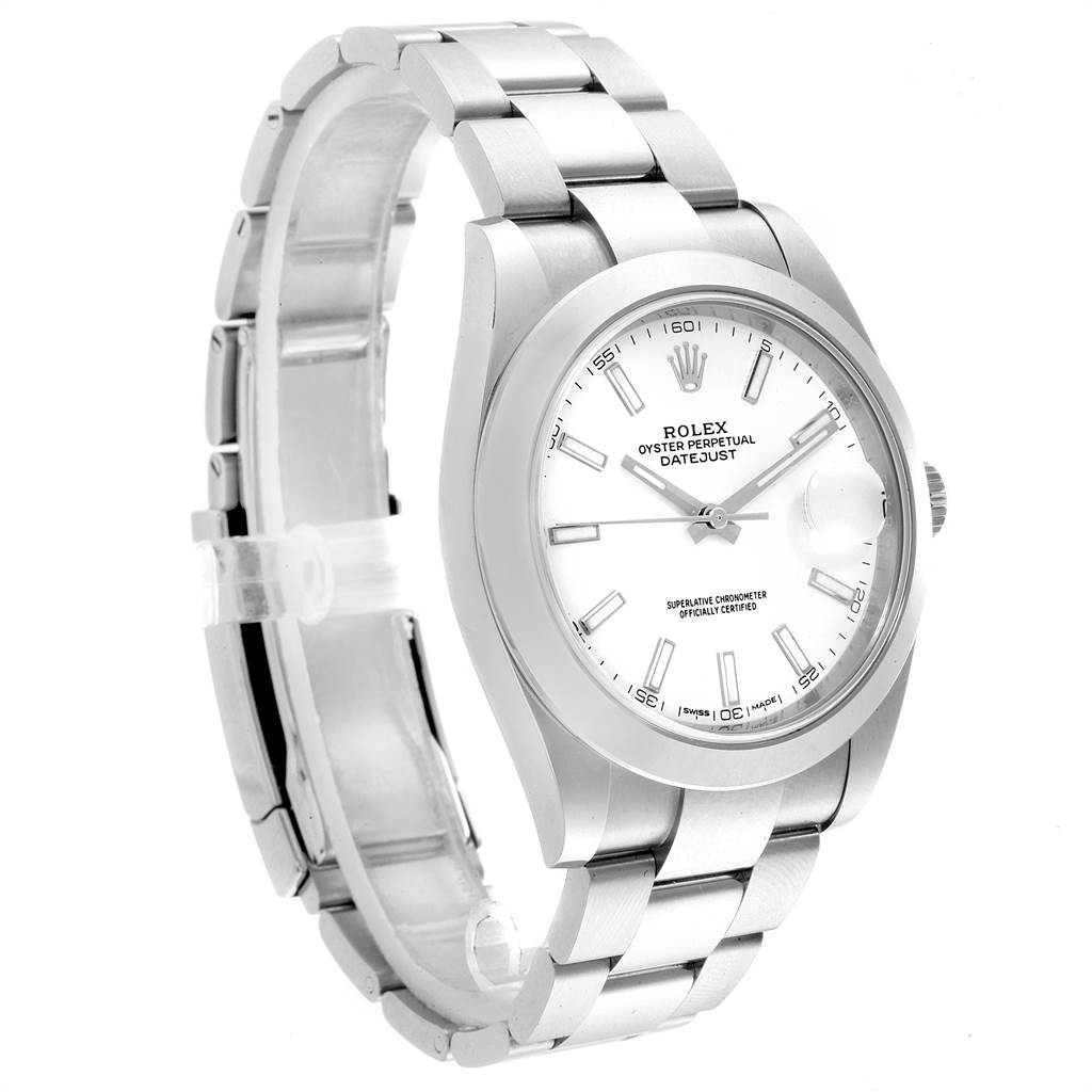 The image shows a three-quarter front view of the Rolex Datejust 41 126300 Men's Stainless Steel White Dial 126300 Men's Stainless Steel White Dial watch, highlighting the dial, bracelet, and case.