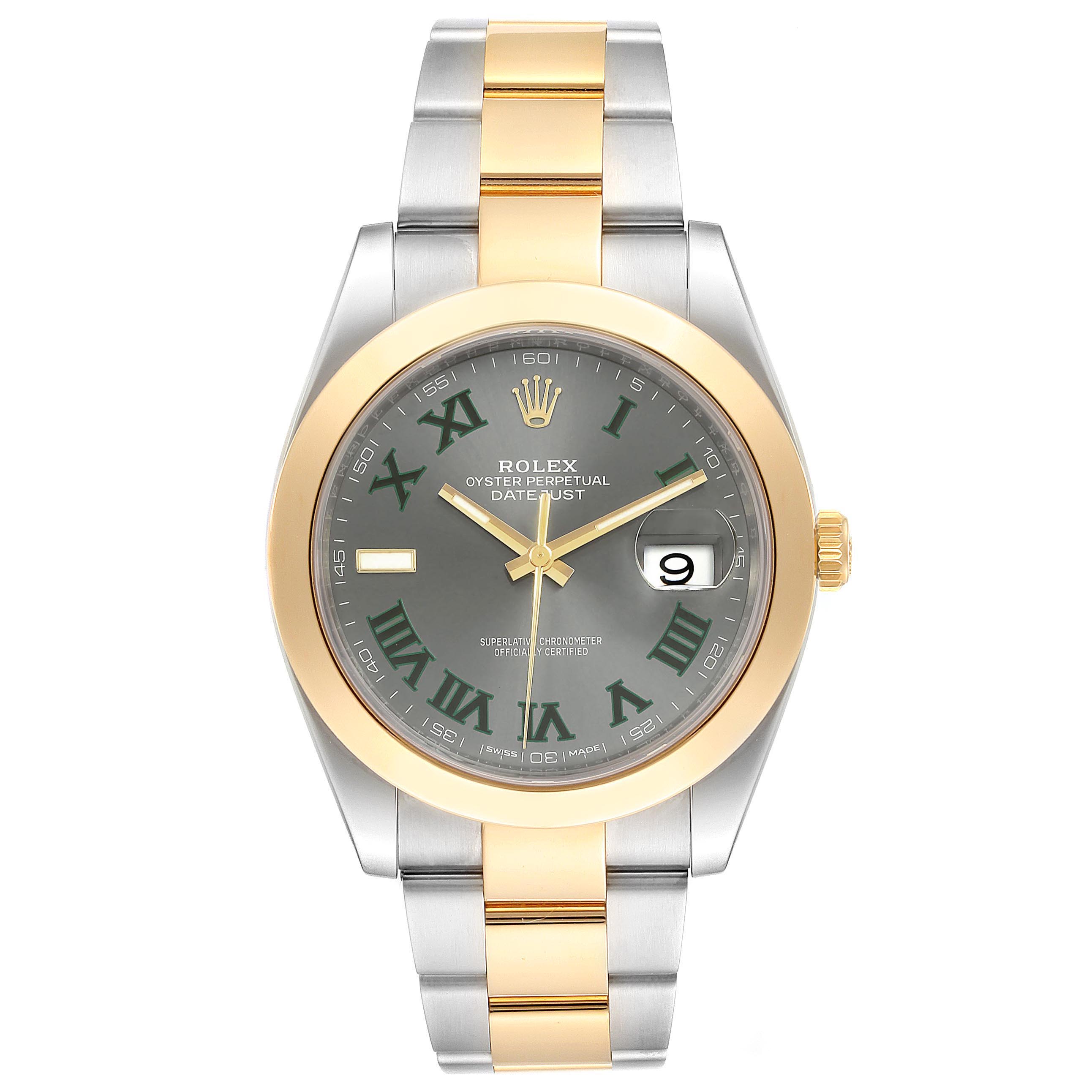 The image shows a front view of the Rolex Datejust 41 126303 Men's Steel and Gold (two tone) Grey Dial 126303 Men's Steel and Gold (two tone) Grey Dial watch, featuring a two-tone bracelet and a grey dial with green Roman numerals.