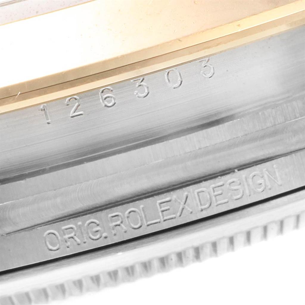 This close-up angle of the Rolex Datejust 41 126303 Men's Steel and Gold (two tone) Grey Dial 126303 Men's Steel and Gold (two tone) Grey Dial model shows the model number "126303" and "ORIG. ROLEX DESIGN" engraving.