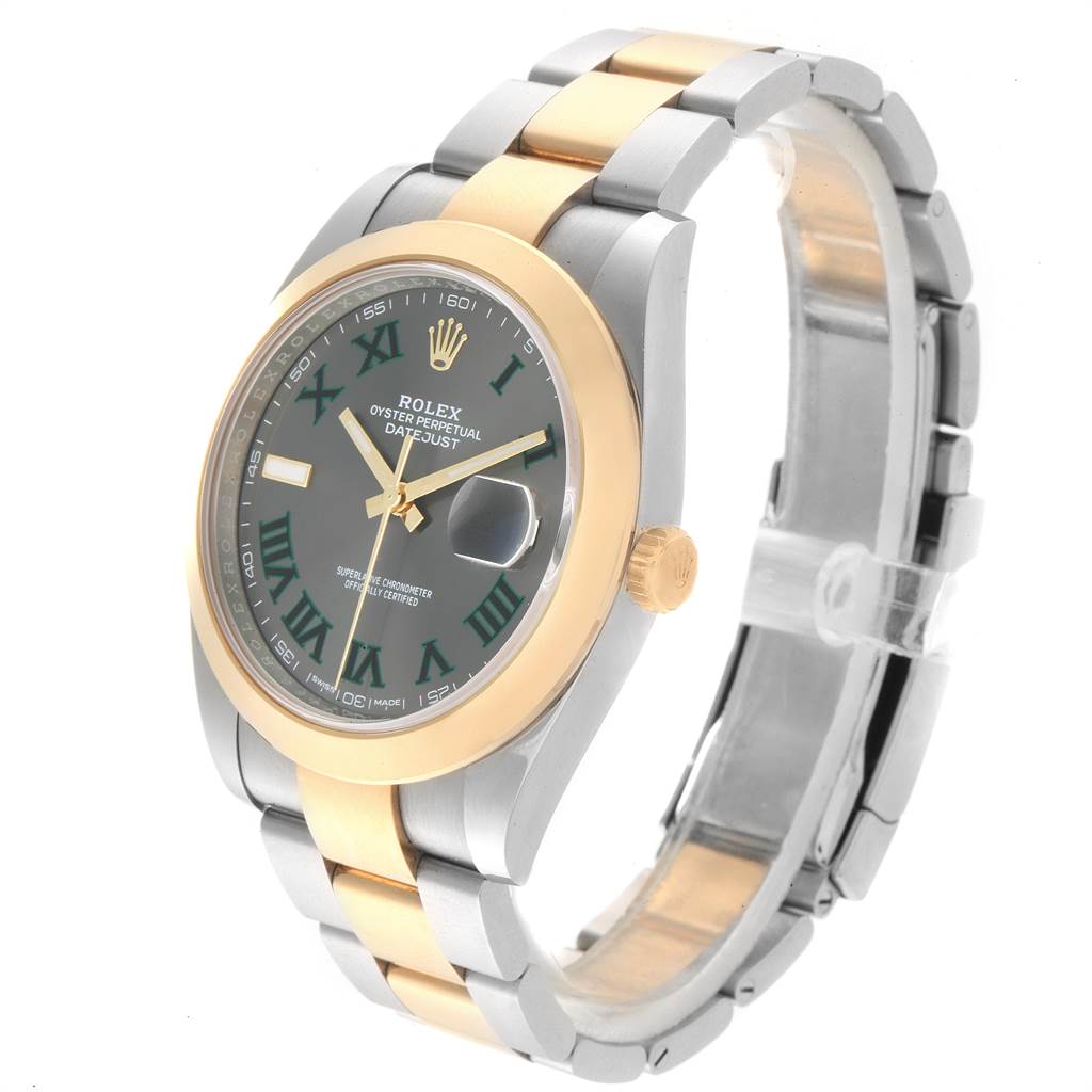 The image shows a Rolex Datejust 41 126303 Men's Steel and Gold (two tone) Grey Dial 126303 Men's Steel and Gold (two tone) Grey Dial watch at a three-quarter angle, highlighting its two-tone bracelet, bezel, and dial with Roman numerals.