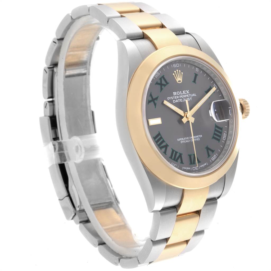 This image of the Rolex Datejust 41 126303 Men's Steel and Gold (two tone) Grey Dial 126303 Men's Steel and Gold (two tone) Grey Dial model shows a close-up of the watch from an angled side view, highlighting the face, bezel, and bracelet.