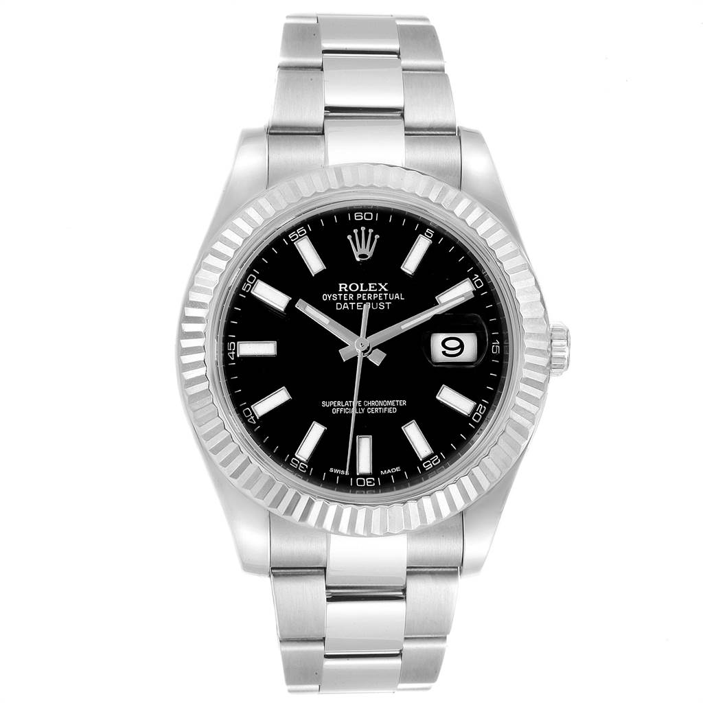 The image shows a front view of a Rolex Datejust 41 116334 Men's Stainless Steel Black Dial 116334 Men's Stainless Steel Black Dial watch, highlighting the dial, bezel, and bracelet.