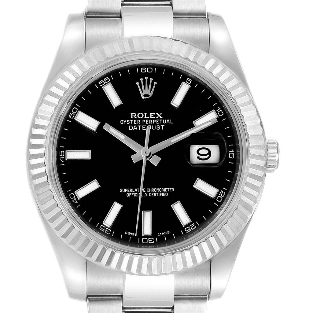 The image shows a front view of the Rolex Datejust 41 116334 Men's Stainless Steel Black Dial 116334 Men's Stainless Steel Black Dial watch face and bezel, displaying the date and brand details.