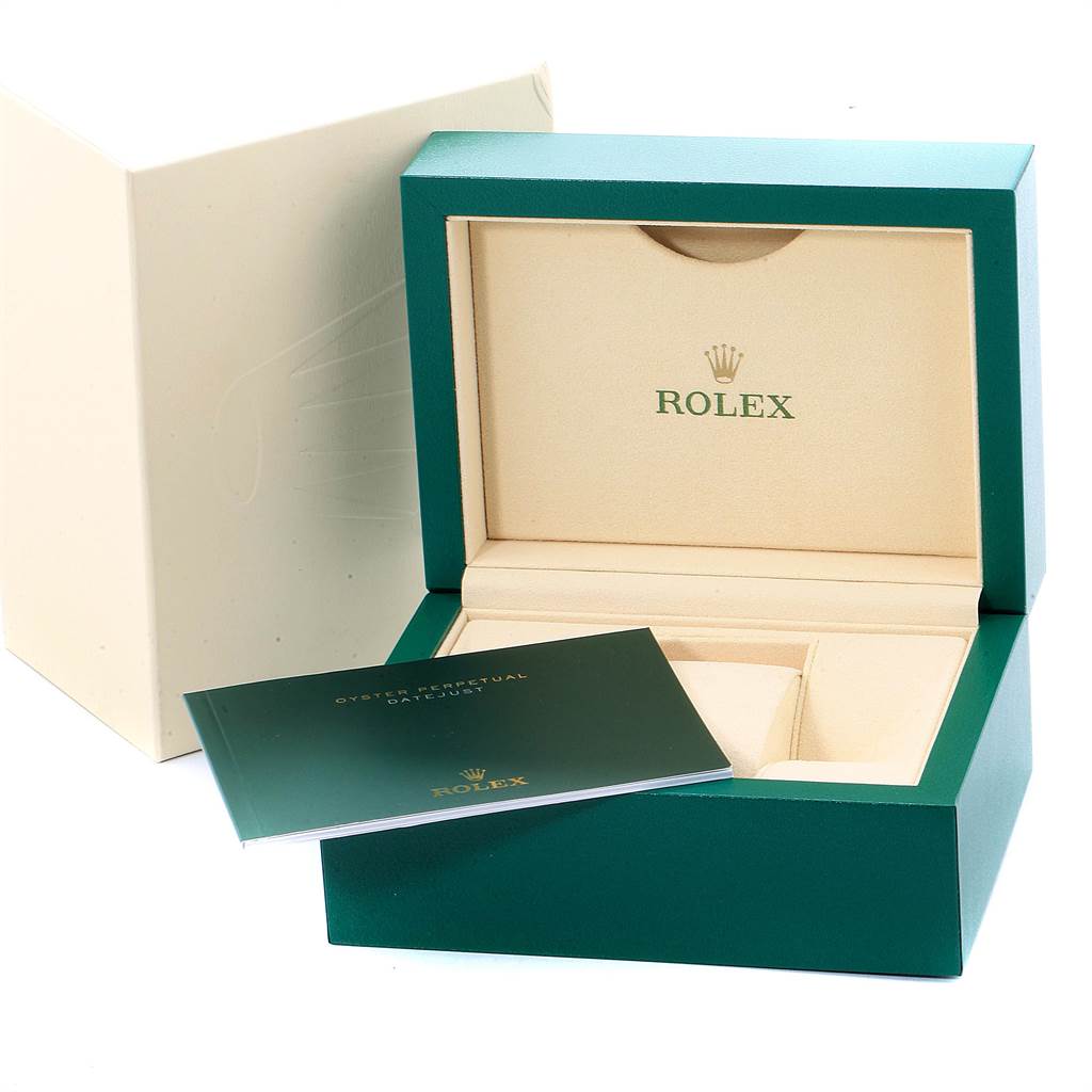 The image highlights the open presentation box and booklet for the Rolex Datejust 41 116334 Men's Stainless Steel Black Dial 116334 Men's Stainless Steel Black Dial model.