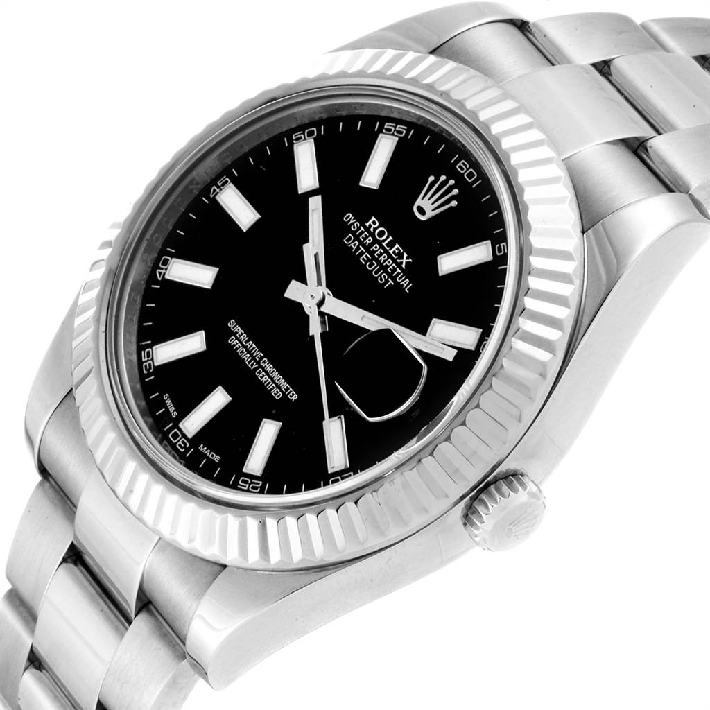 The image shows a Rolex Datejust 41 116334 Men's Stainless Steel Black Dial 116334 Men's Stainless Steel Black Dial watch at a slight angle, highlighting the dial, bezel, and part of the bracelet and crown.