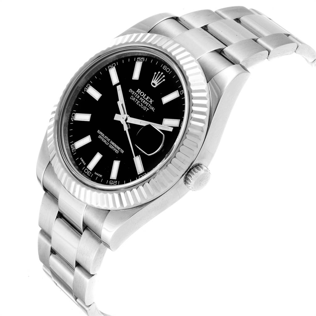 The image shows a Rolex Datejust 41 116334 Men's Stainless Steel Black Dial 116334 Men's Stainless Steel Black Dial watch from an angled side view, displaying the dial, bezel, crown, and bracelet.