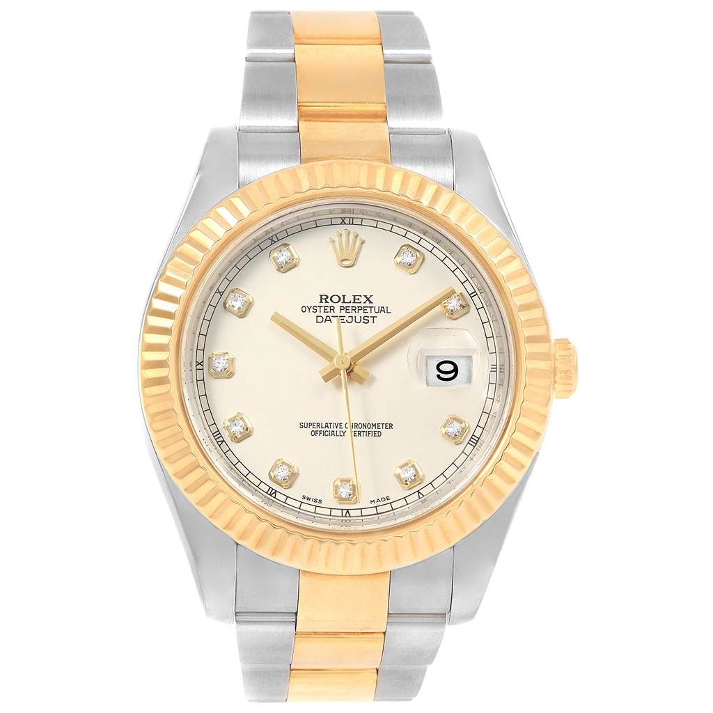 This is a front view of the Rolex Datejust 41 116333 Men's Steel and Gold (two tone) Beige Dial 116333 Men's Steel and Gold (two tone) Beige Dial, showcasing the dial, bezel, and two-tone bracelet.