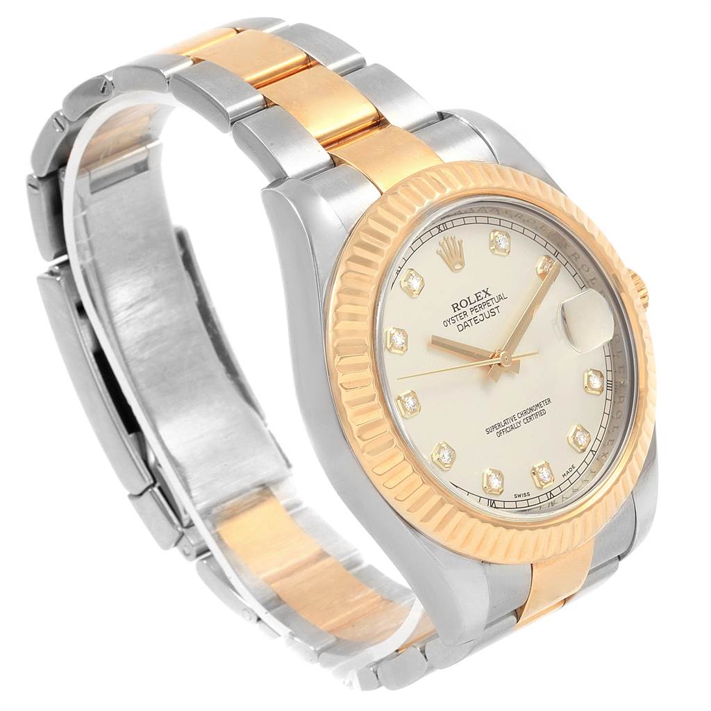This image shows a Rolex Datejust 41 116333 Men's Steel and Gold (two tone) Beige Dial 116333 Men's Steel and Gold (two tone) Beige Dial model watch from a front-left angle, highlighting the dial, bezel, and bracelet.
